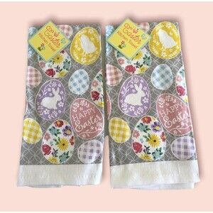 Happy Easter Kitchen Dish Towels Spring Eggs Bunny Chick 100% Cotton Set of 2